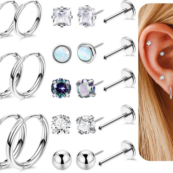 8 Pairs Stainless Steel CZ Opal Flat Back Hoop and Stud Earrings Set for Sensiti - Picture 1 of 6